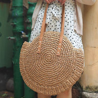 Summer Round Straw Shoulder Bag Women Large Capacity Handbag Handmade Weaven Beach Bags Fashion Rattan Handle Bag Vacation Tote