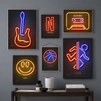 Gamer Neon Light Hoom Decor Canvas Art Poster and Prints Retro Basketball Audio Cassette Guitar Wall Painting for Boy Room Decor