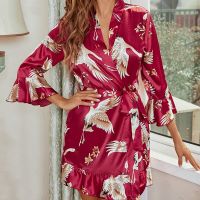 CINOON Women Home Night-Robe Dresses Sexy Printed Nightgown Lingerie Ladies Silk Pajamas Bathrobe Home Cardigan Homewear Robe