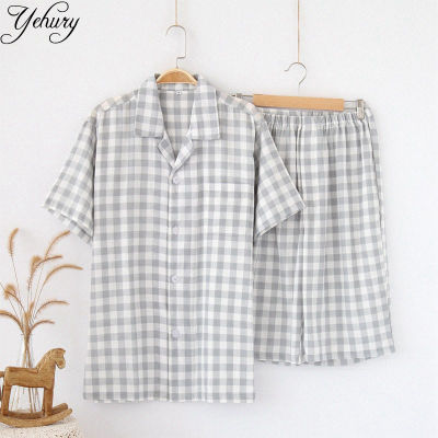 TOP☆Yehury Men Pajamas Set Simple Short Sleeve Tops Shorts 100% Cotton Double Yarn Plaid Men Home Clothing Suit Summer Pyjamas