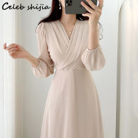 Korean Clothing Apricot V-neck Dress Women Spring 2022 Lace Up High Waisted Bodycon Dresses Female Elegant Long Sleeve Vestido