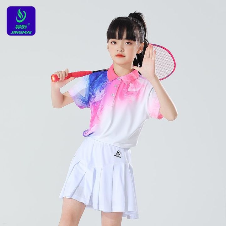 jingmai-ชุดชุดกีฬาแบดมินตันสำหรับเด็ก-เสื้อผ้าฝึกซ้อมเสื้อผ้าเทนนิสลายกีฬาปิงปองแห้งเร็วกระโปรงเทนนิสกีฬาทันสมัย