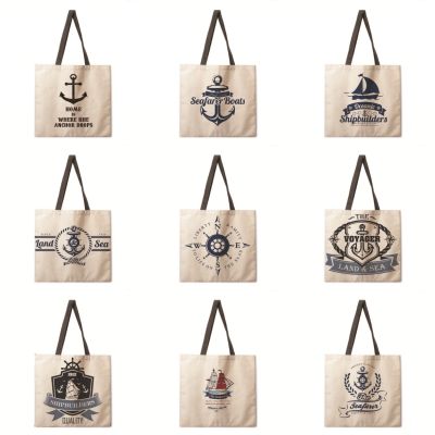 Nautical Logo Tote Bag Shoulder Bag Linen Fabric Casual Tote Bag Foldable Shopping Bag Reusable Beach Bag