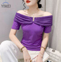 YIMEI เสื้อยืดผู้หญิงอเนกประสงค์,เสื้อยืดผ้าฝ้ายดีไซน์สวยฤดูร้อนแขนสั้นสีม่วง2023ตาข่ายเปิดไหล่