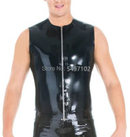 เสื้อยืดผู้ชาย Top In Black Latex Rubber Sleeveless With Zip Front