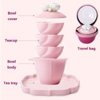 Portable Travel Tea Set Pink Ceramic Gaiwan Teacup Kung Fu Tea Set With Tea Tray Hand-Kneaded Flower Tea Cups Chinese Teaware