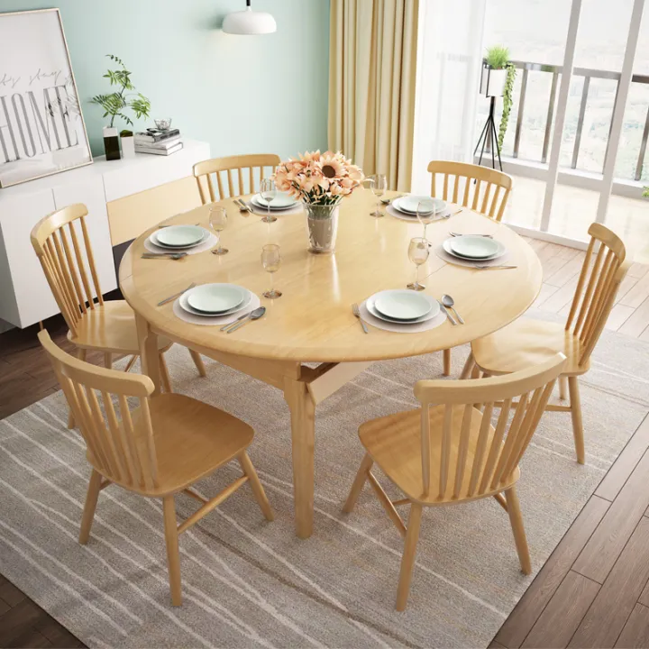 Nordic solid wood retractable folding round dining table and chair