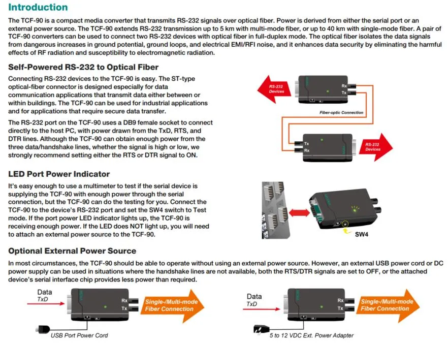 MOXA TCF-90-M-ST: Port-powered RS-232 to fiber Media Converter หัว