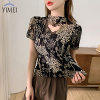 YIMEI เสื้อยืดพิมพ์ลายย้อนยุคสำหรับผู้หญิง2023ฤดูร้อนใหม่แฟชั่นเซ็กซี่ตัดออกความรักของผู้หญิงเสื้อตาข่ายแขนสั้น