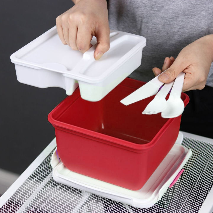 กล่องข้าว-กล่องอาหารพลาสติก-2-ช่อง-กล่องอาหารพกพา-มีหูหิ้ว-มีช้อนส้อม-เข้าไมโครเวฟได้-ความจุ-2-050-ml-แบรนด์-super-lock-รุ่น-6188