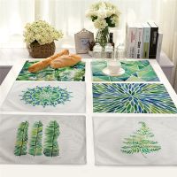 【cw】 Green Leaf Plant Pattern Dining Table Napkin Kitchen Accessories Placemat Coaster Cotton Linen Pad Cup Mat 42x32cm Home Decor ！