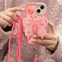 DSFERGERGE เคส ไอโฟน ins girl แป้ง ผีเสื้อ แนวทแยง iPhone14promax Apple 13 เคสมือถือ 12 ซิลิโคน 11 สร้อยข้อมือ 13pro