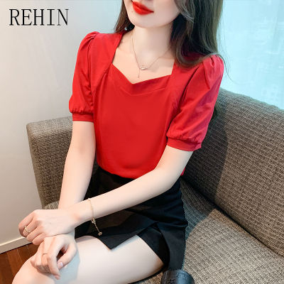 REHIN เสื้อเชิ๊ตผู้หญิงแขนพองคอเหลี่ยมการออกแบบแฟชั่นใหม่เสื้อผู้หญิงแขนสั้นฤดูร้อน