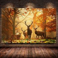 Autumn Country Landscape Lake Tree Animal Deer Forest Canvas Prints and Posters Pumpkin Reed Painting Living Room Picture Decor