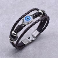 Hot Sale Black &amp; Brown 20.5cm Hand made Leather Bracelet Men Women Evil Eye Bracelet Fashion Vintage Beads Jewelry Charms and Charm Bracelet