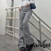 ironknight-Y2k Women Plain Color Straight-Leg Multi-Pockets Long Jeans