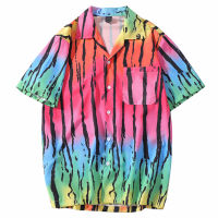 Hip Hop Shirt Streetwear Men Hawaiian Shirt Tie Dye Rainbow Black Stripe Shirts Short Sleeve Harajuku Beach Shirt Summer