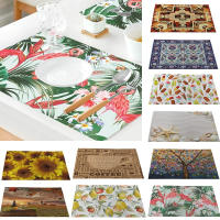 Tropical Plant Flamingo Placemats กันน้ำกันลื่นผ้าลินินทนความร้อนกลางแจ้งโต๊ะอาหารค่ำ Mats แผ่นกาแฟดอกทานตะวัน