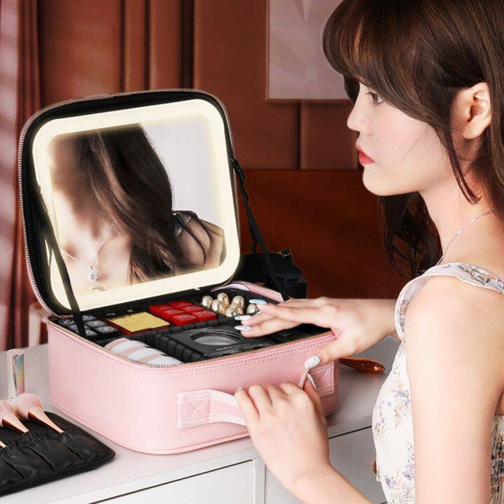 Korea LED Makeup Bag With Mirror Large Cosmetic Bag Portable Travel Pink  Storage Bag Smart Led Cosmetic Case With Mirror Light - AliExpress