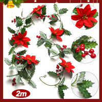 2M ประดิษฐ์ Holly Leaf Vine และ Red Berries หวายคริสต์มาส DIY Garland พวงหรีด Xmas Tree แขวนเครื่องประดับตกแต่งบ้าน