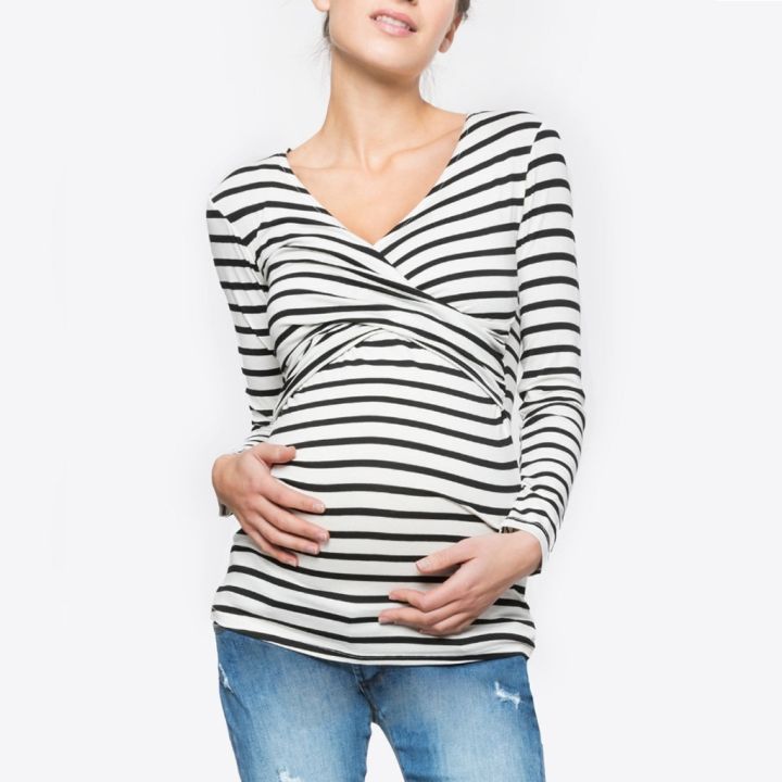 cod-source-aliexpress-autumn-new-v-neck-long-sleeved-striped-pregnant-women-confinement-dress-breastfeeding-t-shirt-two-color