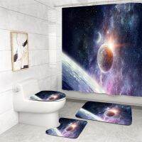 Galaxy Night Starry Sky 4 Pcs Bath Curtains with Free Hook Bath Rug Toilet Lid Cover Floor Mat Outer Space Print Bathroom Decor