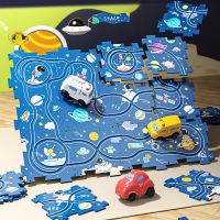 Puzzle Railcar Toys for Kids Cartoon Dinosaurs Race Car Track Toys with Electric Car Educational Jigsaw Toy for Children Gift