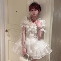 【CW】Lolita White Dress Goth Aesthetic Puff Sleeve High Waist Vintage Bandage Lace Trim Party Gothic Clothes Summer Dress Woman 2023