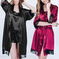 COD DSFDGDFFGHH Womens Open Front Long Sleeve Loose Plus Size Tie Knot Lace Silk Plain Soft Comfortable Casual Robe