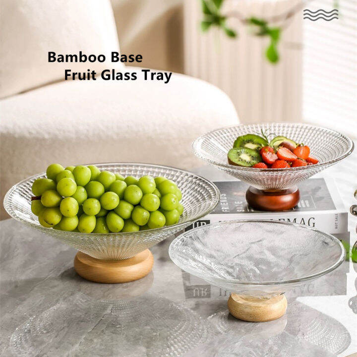 VISHINE Natural Bamboo Base Fruit Glass Tray Serving Plate Living Room