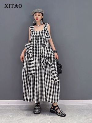 XITAO Plaid Dress Casual Sleeveless Bow Tie Dress