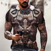 Retro Mens T-Shirt Mecha Suit Print Fashion Sci-Fi Harajuku Street Cool Tops Tees Short Sleeve O Neck Oversized Mens Clothing