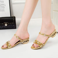 Slippers womens summer outer wear non-slip rhinestone sequins thick heel mid-heel all-match flip-flops two-wear sandals and slippers womens shoes