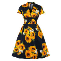 2021Tonval Sunflower Floral V Neck 50S Retro Robe Slim Elegant Party Dress Women Button 95 Cotton Pinup Vintage Dresses