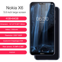 Nokias 6.1 Plus Nokias X6 สมาร์ทโฟน Octa-core 5.8 นิ้ว 4GB RAM 64GB ROM LTE 16MP 2160P โทรศัพท์มือถือลายนิ้วมือ