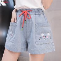 COD jfdss Ready Stock Plus Size Pants Denim shorts women elastic high waist cute cartoon pattern loose summer