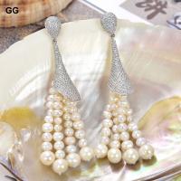 GG Jewelry 3.7 White Pearl Tassel Golden Plated CZ Earrings