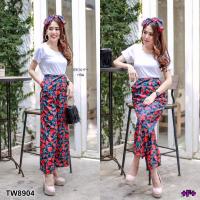 TW8904   Set 2 ชิ้น เสื้อคอป + กางเกงขายาวลายกุหลาบ + สายผูกผมเข้าเซท   สอบถามก่อนสั่งซื้อ