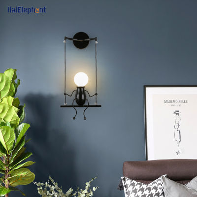 Creative LED Wall Mounted Small Man Swing Lamp Childrens Room Bedroom Bedside Aisle Wall Sconces Nordic Art Decor Wall Lighting