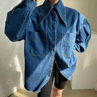 ONALIPPA Female Denim Shirt 2021 Autumn Korean Retro Chic Pointed Collar Single-Breasted Loose Large Pockets Washed Blue Blouses