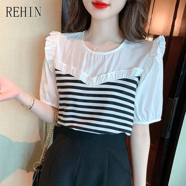 rehin-ของผู้หญิงด้านบนนัวเนียขอบลายเย็บเสื้อแขนสั้น2022ฤดูร้อนใหม่เก๋สีขาว-dsign-เสื้อหรูหรา