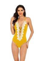 New Lace Splicing One-piece Swimsuit Women Vintage Deep V-neck Backless Bodysuit Monokini  Sexy Halter Bathing Suit Swimwear