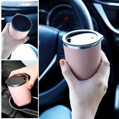 แก้วกาแฟพร้อมฝาเหล็กกล้ามีสไตล์300มล. กันความร้อนแบบสุญญากาศและกันรั่วสำหรับใช้ในบ้านหรือในรถยนต์