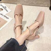 2023 Womens Autumn Hollow Single Shoe Vintage Pearl Square Headed Thick Heels Pearl High Heels