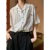 2023 Japanese blue striped shirt fresh summer female Cuba collar short sleeve shirt leisure loose coat restoring ancient ways