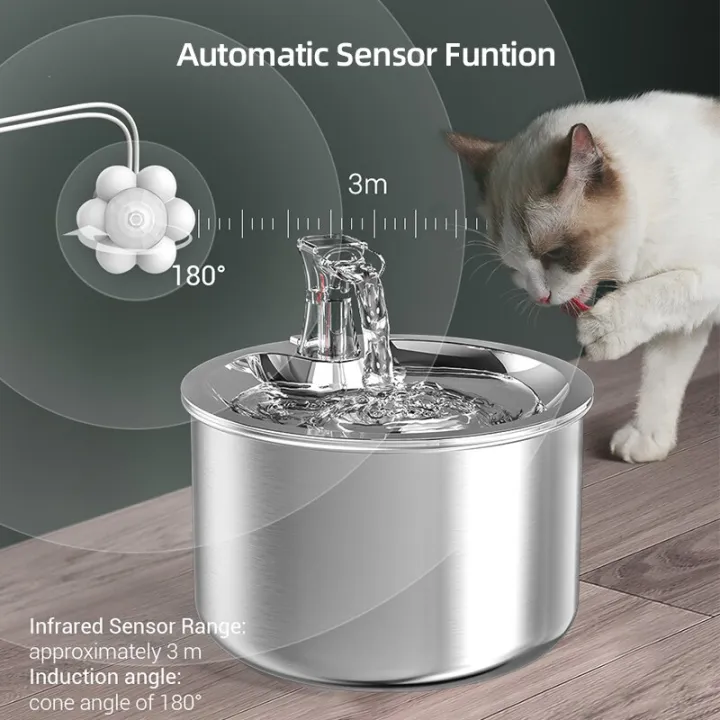 ก็อกน้ำดื่มน้ำพุสำหรับแมวที่ให้อาหารสัตว์น้ำสแตนเลสนักดื่มเซ็นเซอร์อัตโนมัติสำหรับแมวที่ป้อน