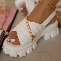 Large Size One Word Buckle Belt Thick Bottom Chain Decoration Leak Toe Cross Small Fragrance Diamond Plaid Beach Sandals Women