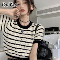 Du Yan เสื้อถักส่วนล่างแขนสั้นลายทางสีดำและสีขาวสำหรับผู้หญิง,เสื้อแขนสั้นสไตล์เกาหลี