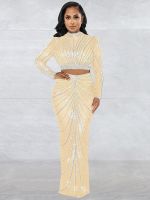 ZZOOI Fashion Long Sleeve Crop Tops and Cocktail Mermaid Maxi Skirt Outfit Women Elegant Evening Party Sheer Mesh Two Piece Dress Sets