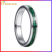 BONLAVIE Silver Tungsten Rings Unisex 4mm Men Wedding Rings Inlaid with Malachite Fragments Promise Ring Polished Finish Comfort Fit Size 6-10